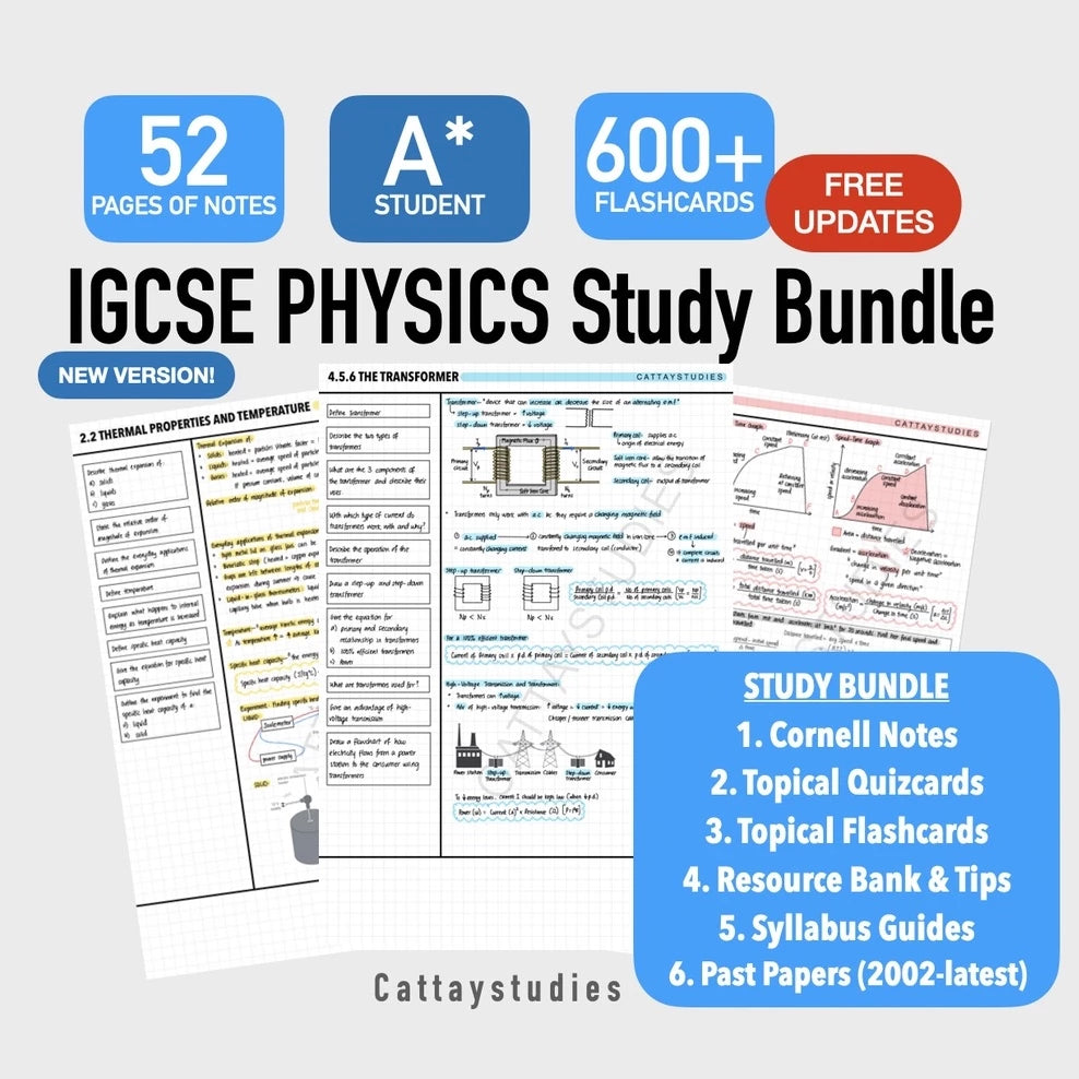 Cambridge IGCSE PHYSICS 0625 A* Softcopy Study Bundle (Notes, Flashcards, Quizcards, Past Papers, Resource Bank)