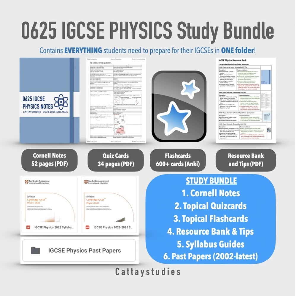 Cambridge IGCSE PHYSICS 0625 A* Softcopy Study Bundle (Notes, Flashcards, Quizcards, Past Papers, Resource Bank)