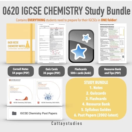 Cambridge IGCSE Chemistry 0620 A* Softcopy Study Bundle (Notes, Flashcards, Quizcards, Past Papers, Resource Bank)